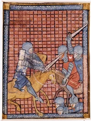 Batalla de caballeros. Manuscrito francés. Principios del siglo XIV