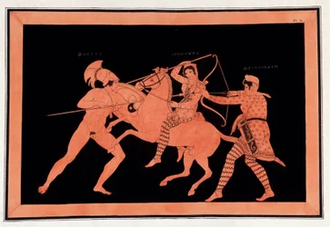 Batalla de las Amazonas Hipólita y Deinomache contra Teseo - "Pinturas de vasos antiguos, comúnmente llamados etruscos", de varias colecciones y grabado por A. Clener, acompañado de explicaciones por A.L. Millen. Por Dubois-Maisonneuve. Biblioteca de Maiso