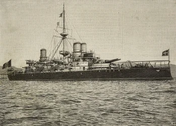 Acorazado Sardegna a vela, Italia, grabado a partir de una fotografía de Conti Vecchi de L