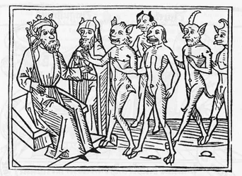 El proceso de Belial: «El demonio Belial, acompañado de otros cuatro demonios, comparece ante el juez Salomón». «Grabado de “El proceso de Belial” de Jacobus de Teramo (o Palladino), Augsburgo»