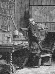 Benjamin Franklin en su laboratorio de física en Filadelfia. En 