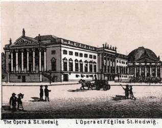 Berlín, Alemania: vista de la ópera y la iglesia de Santa Eduvigis. En "El Mundo Ilustrado 168 vistas". Sin fecha (finales del siglo XIX).