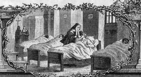 Bernadette Soubirous (1844-1879) con el hábito de monja cuidando a los enfermos