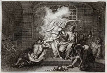 Biblia de Royaumont, Nuevo Testamento: San Pedro liberado de la prisión. San Pedro es liberado de la prisión por un ángel durante la noche. Ilustración de 1811