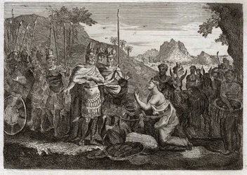 Biblia de Royaumont, Antiguo Testamento: Abigail. Abigail, esposa de Nabal, calma la ira de David con su sabiduría. Ilustración de 1811.