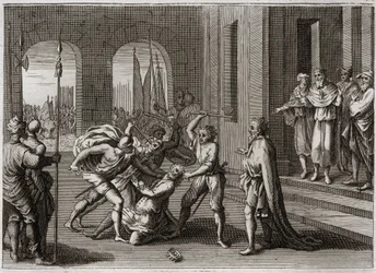 Biblia de Royaumont, Antiguo Testamento: Agag salvado. Saúl salvó, contra el mandato de Dios, a Agag, rey de los amalecitas. Dios le muestra su ira a través de Samuel, quien reparó la falta de Saúl matando a Agag. Ilustración de 1811