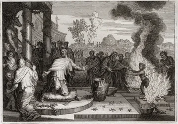 Biblia de Royaumont, Antiguo Testamento: Acaz Rey Impío. El malvado Acaz, rey de Judá, irrita a Dios, y es entregado a los enemigos. Ilustración de 1811.