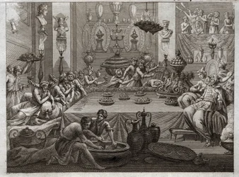 Biblia de Royaumont, Antiguo Testamento: Belsasar condenado. El rey Belsasar (Belsasar) en la mesa ve una mano que en tres palabras escribe el fin de su sentencia. Ilustración de 1811