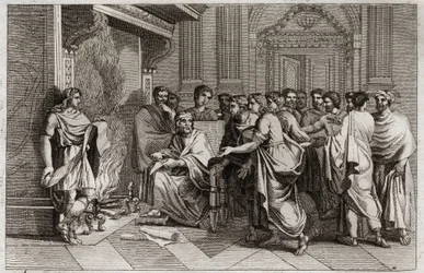 Biblia de Royaumont, Antiguo Testamento: Baruc profeta. El rey Joaquín corta el rollo que contiene las profecías de Jeremías transcritas por su discípulo Baruc y lo arroja al fuego. Ilustración de 1811.