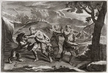 Biblia de Royaumont, Antiguo Testamento: Nacimiento de Sansón. Sansón desgarra a un león en pedazos. Ilustración de 1811