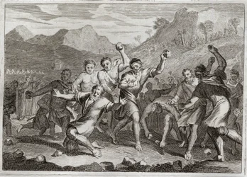 Biblia de Royaumont, Antiguo Testamento: Lapidación del blasfemo. Dios hace lapidar a un blasfemo de su santo nombre, y a otro que violó el santo Shabat, recogiendo algunas pajas en el campo. Ilustración de 1811