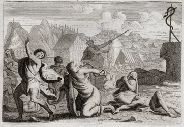 Biblia de Royaumont, Antiguo Testamento: Serpiente de Bronce. El pueblo murmurando contra Dios y contra Moisés, es castigado por serpientes de fuego; de las cuales fueron curados por una serpiente de bronce, que Moisés había levantado para ser vista por to