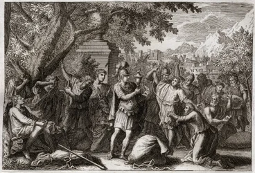 Biblia de Royaumont, Antiguo Testamento: Hermanos de José. José hace encarcelar a sus hermanos. Ilustración de 1811.