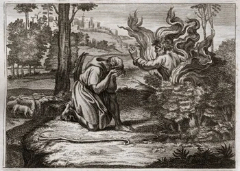 Biblia de Royaumont, Antiguo Testamento: La Zarza Ardiente. Dios habla a Moisés desde el medio de una zarza ardiente. Ilustración de 1811.