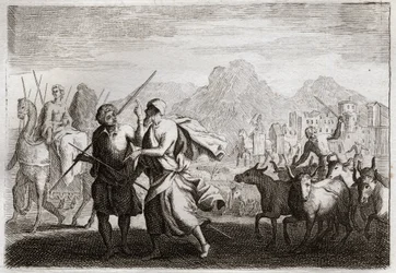 Biblia de Royaumont, Antiguo Testamento: Llamada de Abraham. Dios llama a Abraham y le ordena dejar la tierra de los caldeos para ir a una tierra que le prometió darle. Ilustración de 1811.