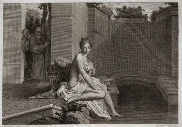 Biblia de Royaumont, Antiguo Testamento: Castidad de Susana. Dos ancianos, jueces del pueblo, intentan corromper la castidad de Susana, mientras ella estaba sola en su jardín y tomando un baño. Ilustración de 1811.