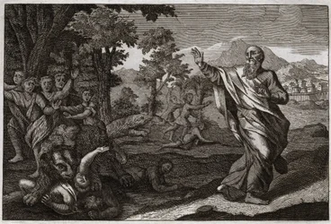 Biblia de Royaumont, Antiguo Testamento: Niños devorados por osos. Niños que se burlan de la calvicie de Eliseo son desgarrados por osos. Ilustración de 1811.