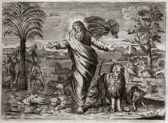Biblia de Royaumont, Antiguo Testamento: Creación del Mundo. Dios saca del vacío el Cielo y la Tierra, y en seis días lo adorna y lo llena de criaturas de todo tipo. Ilustración de 1811.