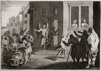 Biblia de Royaumont, Antiguo Testamento: Crímenes de los sodomitas. Lot recibe a los ángeles en su casa. Los sodomitas (Sodoma) quieren violentarlos. Los ángeles los golpean con ceguera. Ilustración de 1811.