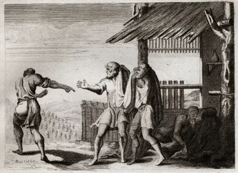 Biblia de Royaumont, Antiguo Testamento: Maldito Cham de su Padre (embriaguez de Noé). Cham, el segundo de los hijos de Noé, ve a su padre en una postura indecente, no le importa y es maldecido. Ilustración de 1811.