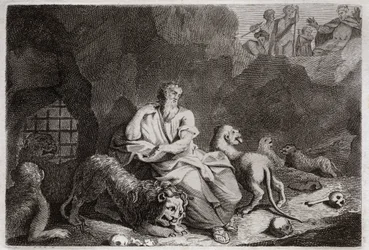 Biblia de Royaumont, Antiguo Testamento: Daniel en el foso de los leones. Daniel es puesto en el foso de los leones y milagrosamente es bebido. Ilustración de 1811.
