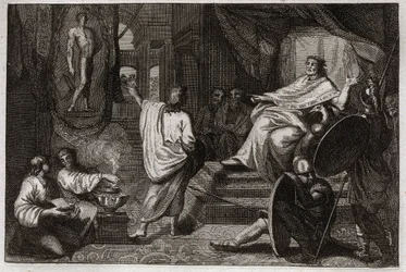 Biblia de Royaumont, Antiguo Testamento: Daniel profeta. El profeta Daniel revela al rey Nabucodonosor II un sueño que tuvo y le explica su significado. Ilustración de 1811