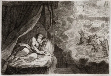 Biblia de Royaumont, Antiguo Testamento: Visión de Daniel de las cuatro monarquías de asirios, persas, griegos y romanos. Ven cuatro monstruos: Haniel, Kafziel, Azriel, Aniel. Ilustración de 1811.