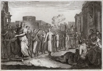 Biblia de Royaumont, Antiguo Testamento: David baila ante el Arca del Pacto. David, habiendo resuelto por segunda vez llevar el Arca a su casa, la hace llevar y acompañar por levitas, para evitar un accidente similar al de Oza. Está bailando frente a ella.