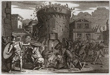 Biblia de Royaumont, Antiguo Testamento: Muerte de Abimelec. Abimelec es asesinado por una mujer que lo aplasta con una piedra en el sitio de Tebetz. Ilustración de 1811.