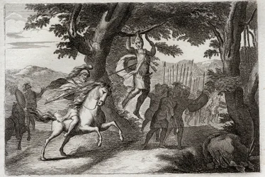 Biblia de Royaumont, Antiguo Testamento: Muerte de Absalón. Absalón, huyendo de la batalla, es atrapado por el cabello en un roble, y Joab le atraviesa el corazón con tres dardos. Ilustración de 1811.