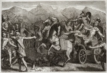 Biblia de Royaumont, Antiguo Testamento: Muerte de Acab. Acab hizo la guerra contra Siria y fue asesinado con una flecha al azar. Ilustración de 1811