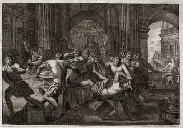 Biblia de Royaumont, Antiguo Testamento: Muerte de Amnón. Absalón (o Avshalom, Absalón) reconciliado con David hace que su hermano Amnón (Amón) huya a una fiesta. David se ve obligado a huir de Jerusalén y sufre esta persecución con maravillosa paciencia. 