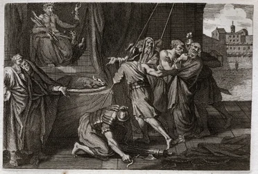 Biblia de Royaumont, Antiguo Testamento: Muerte de Eleazar. El viejo santo Eleazar fue asesinado por orden de Antíoco IV Epífanes (175-164 a.C.), porque no quiso fingir comer carnes prohibidas. Ilustración de 1811.