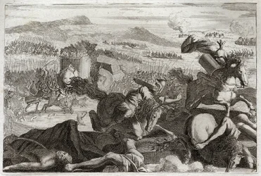 Biblia de Royaumont, Antiguo Testamento: Muerte de Judas. Derrota de Demetrio I Sóter y Nicanor. Muerte de Judas Macabeo en batalla. Ilustración de 1811