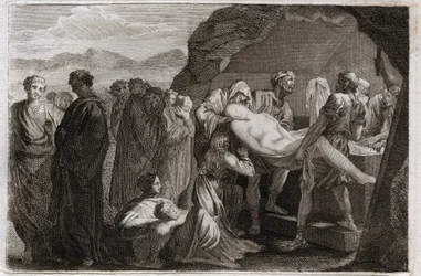 Biblia de Royaumont, Antiguo Testamento: Muerte de Sara. Sara (Sarah) muere. Abraham compra una sepultura en la ciudad de Geth para enterrarla. Ilustración de 1811.
