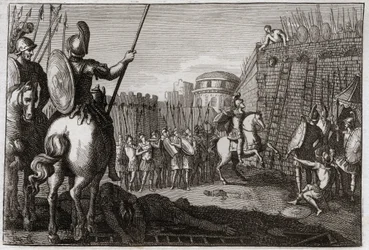 Biblia de Royaumont, Antiguo Testamento: Muerte de Seba. Y Seba se levantó contra David, y se llevó las diez tribus tras él, y Joab lo persiguió en Abela, donde su cabeza fue cortada por el consejo de una mujer. Ilustración de 1811.