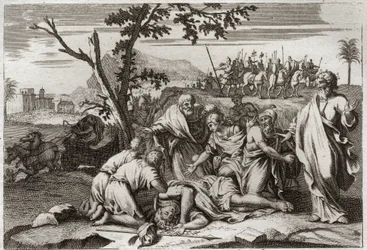 Biblia de Royaumont, Antiguo Testamento: Muerte del malvado Antíoco. La espantosa muerte del rey Antíoco IV Epífanes (175-164 a.C.) tras una caída de caballo. Ilustración de 1811.