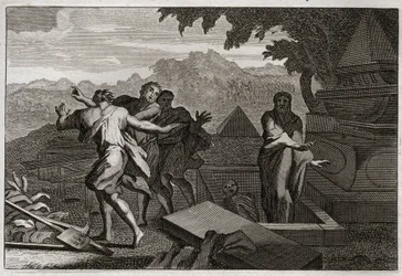 Biblia de Royaumont, Antiguo Testamento: Resurrección. Un hombre muerto fue arrojado por casualidad en la tumba de Eliseo, y resucitó al tocar sus huesos. Ilustración de 1811