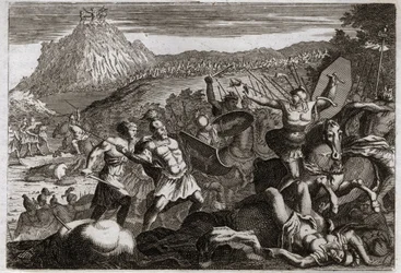 Biblia de Royaumont, Antiguo Testamento: Derrota de Amalec (Amalek). Moisés obtuvo la victoria sobre los amalecitas, manteniendo sus manos en alto hacia el cielo. Ilustración de 1811.