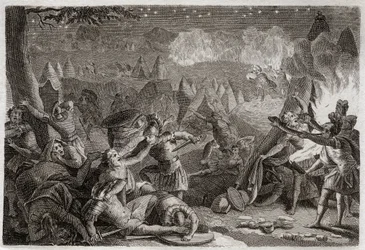 Biblia de Royaumont, Antiguo Testamento: Derrota de los madianitas por el sonido de las trompetas y las luces de las lámparas. Ilustración de 1811