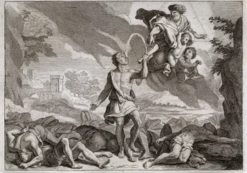 Biblia de Royaumont, Antiguo Testamento: Derrota de los filisteos. Sansón mata a mil filisteos con la quijada de un burro. Dios hace brotar agua de la quijada para que Sansón pueda saciar su sed. Ilustración de 1811.