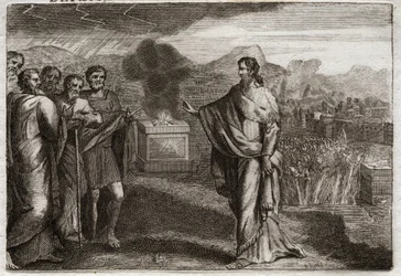 Biblia de Royaumont, Antiguo Testamento: Derrota de los filisteos. Samuel ofrece un holocausto a Dios. Luego los judíos defienden a los filisteos. Ilustración de 1811.