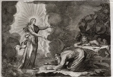 Biblia de Royaumont, Antiguo Testamento: Liberación de Daniel. Daniel, en el foso de los leones, es milagrosamente alimentado. Ilustración de 1811.