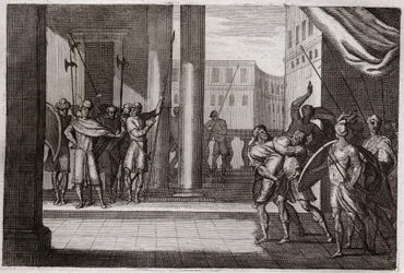 Biblia de Royaumont, Antiguo Testamento: Dina salió por curiosidad a ver a las mujeres de Siquem, y el rey de esa ciudad la violó, sus hermanos se vengaron y mataron a todo el pueblo de Siquem con el rey. Ilustración de 1811