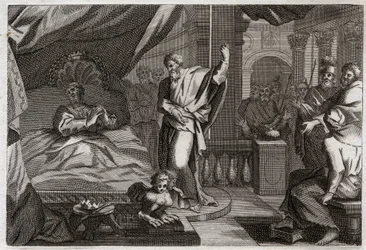 Biblia de Royaumont, Antiguo Testamento: Ezequías recupera la salud. El rey Ezequías estaba enfermo de muerte, recuperó la salud y otros quince años de vida. El profeta Isaías (Isaiah) anuncia su palabra: la señal será hacer retroceder diez grados la