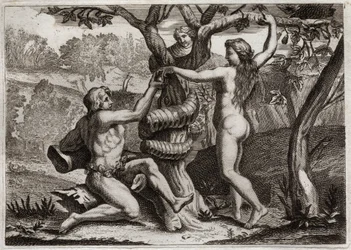 Biblia de Royaumont, Antiguo Testamento: La Caída de Adán. El Demonio bajo la forma de una serpiente habla con Eva y la tienta a comer el fruto prohibido: Eva cae y también hace caer a Adán. Ilustración de 1811.