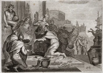 Biblia de Royaumont, Antiguo Testamento: Caída de Salomón. Salomón es corrompido por mujeres y ofrece incienso a los ídolos de los falsos dioses. Su muerte. Ilustración de 1811