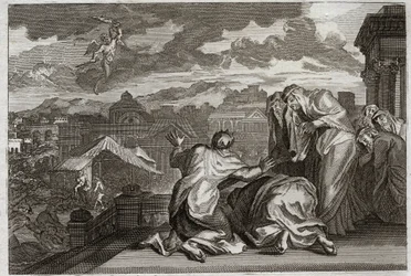 Biblia de Royaumont, Antiguo Testamento: Plaga de la Peste. Y David, habiendo hecho el censo de todo su pueblo por un movimiento de vanidad, Dios aflige su reino con una peste que se lleva a setenta mil hombres en tres días. Ilustración de 1811.
