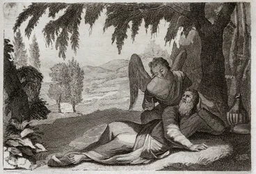Biblia de Royaumont, Antiguo Testamento: Huida de Elías. Elías huyendo de la ira de Jezabel, quien quería vengarse de él por la muerte de sus falsos profetas, es apoyado en el desierto por un Ángel que le trae comida. Ilustración de 1811.