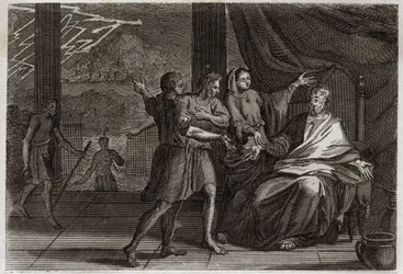 Biblia de Royaumont, Antiguo Testamento: Amigos de Job. Job, en lugar de ser consolado por tres príncipes, sus amigos, que vienen a verlo, no recibe más que tristeza porque querían hacerlo parecer culpable. Ilustración de 1811.